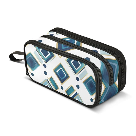 FORMRS Pencil Case with 3 Compartments Zipper Pouch, Elementary School Level and up, Green Geometric Pattern