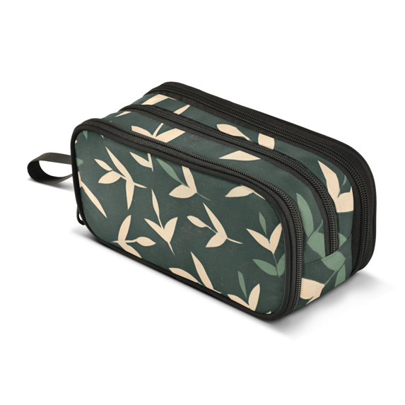 FORMRS Pencil Case with 3 Compartments Zipper Pouch, Elementary School Level and up, Green Leaves