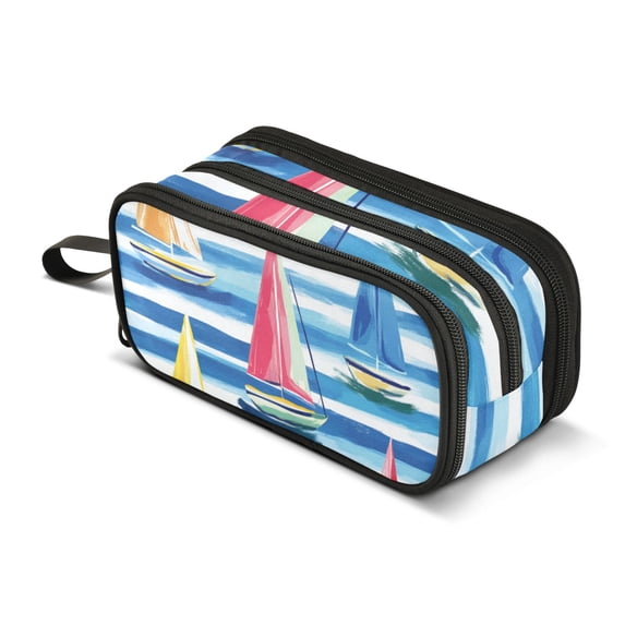 FORMRS Pencil Case with 3 Compartments Zipper Pouch, Elementary School Level and up, Green Sailboats