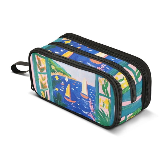 FORMRS Pencil Case with 3 Compartments Zipper Pouch, Elementary School Level and up, Green Seaside