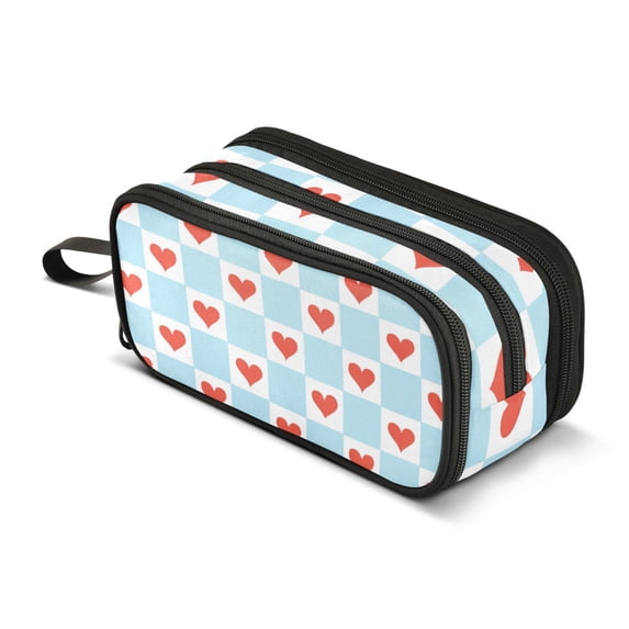FORMRS Pencil Case with 3 Compartments Zipper Pouch, Elementary School Level and up, Light Blue Checkered Heart