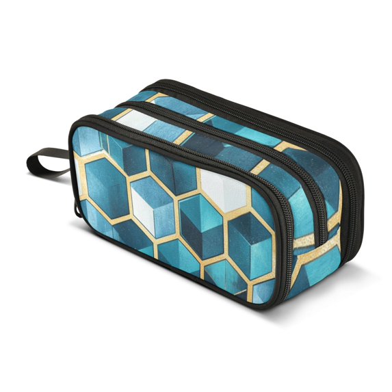 FORMRS Pencil Case with 3 Compartments Zipper Pouch, Elementary School Level and up, Light Blue Geometric Pattern