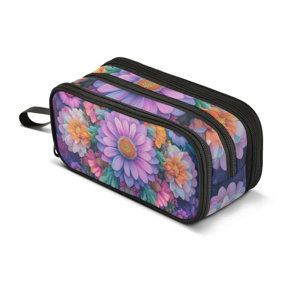 FORMRS Pencil Case with 3 Compartments Zipper Pouch, Elementary School Level and up, Light Purple Flowers