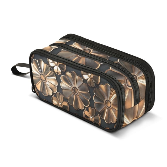 FORMRS Pencil Case with 3 Compartments Zipper Pouch, Elementary School Level and up, Metallic Flower