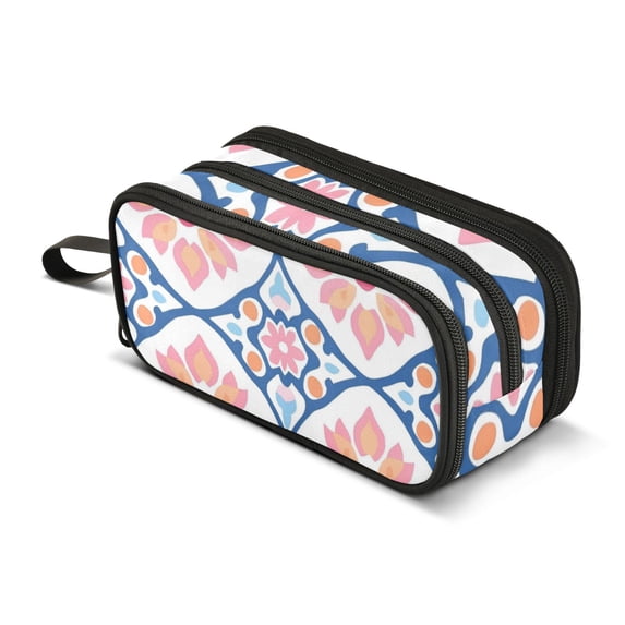 FORMRS Pencil Case with 3 Compartments Zipper Pouch, Elementary School Level and up, Mosaic Flowers Pattern