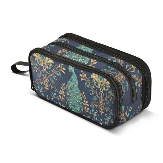 FORMRS Pencil Case with 3 Compartments Zipper Pouch, Elementary School Level and up, Navy Blue Peacock Pattern