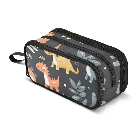 FORMRS Pencil Case with 3 Compartments Zipper Pouch, Elementary School Level and up, Orange Dinosaur