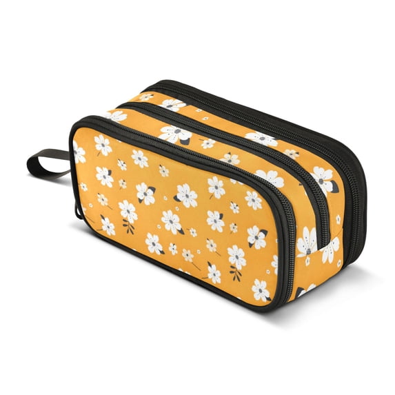 FORMRS Pencil Case with 3 Compartments Zipper Pouch, Elementary School Level and up, Orange Flowers Pattern