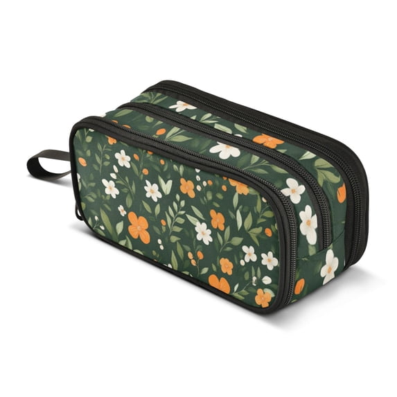 FORMRS Pencil Case with 3 Compartments Zipper Pouch, Elementary School Level and up, Orange Flowers