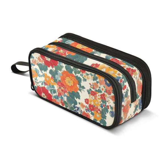 FORMRS Pencil Case with 3 Compartments Zipper Pouch, Elementary School Level and up, Orange Japanese Flowers Pattern