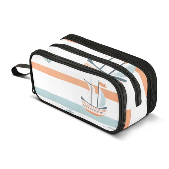 FORMRS Pencil Case with 3 Compartments Zipper Pouch, Elementary School Level and up, Orange Nautical Pattern
