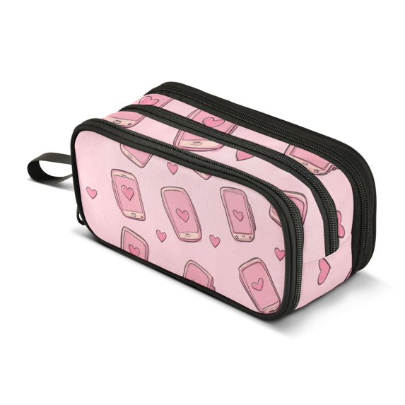FORMRS Pencil Case with 3 Compartments School Large Capacity Zipper Pen Pouch Stationery Organizer, Phones and Hearts
