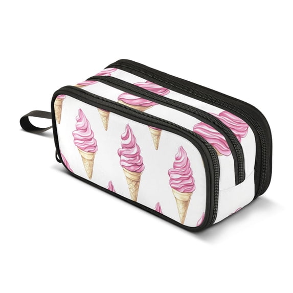 FORMRS Pencil Case with 3 Compartments Zipper Pouch, Elementary School Level and up, Pink Cartoon Ice Cream