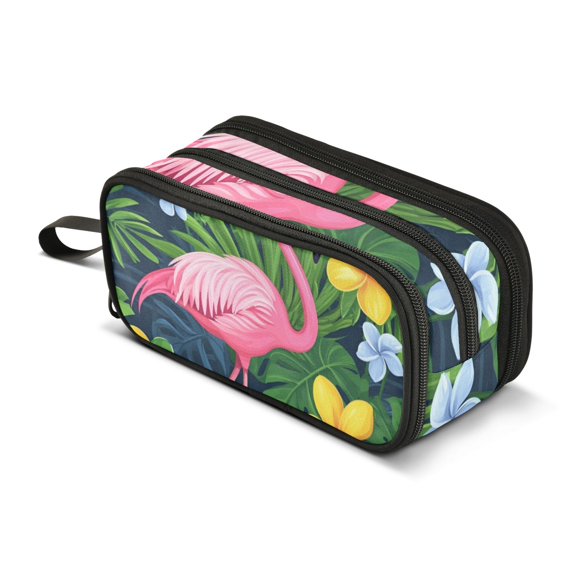 FORMRS Pencil Case with 3 Compartments Zipper Pouch, Elementary School Level and up, Pink Flamingo Pattern