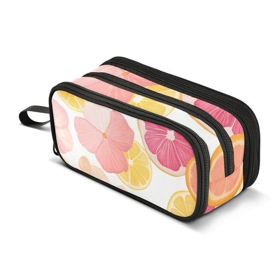FORMRS Pencil Case with 3 Compartments Zipper Pouch, Elementary School Level and up, Pink Floral Orange