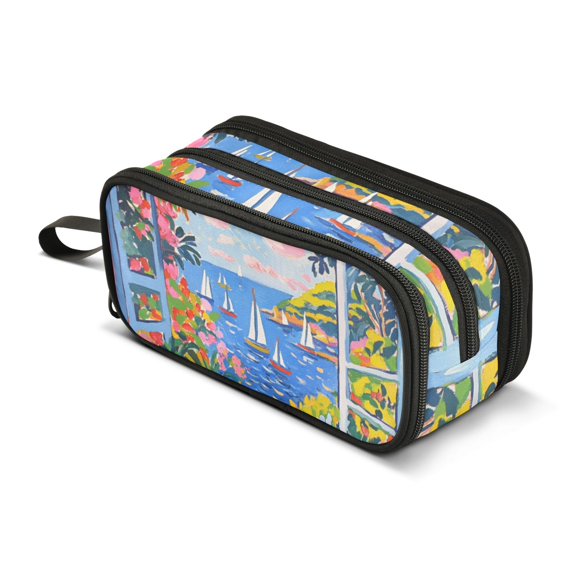 FORMRS Pencil Case with 3 Compartments Zipper Pouch, Elementary School Level and up, Pink Floral Window