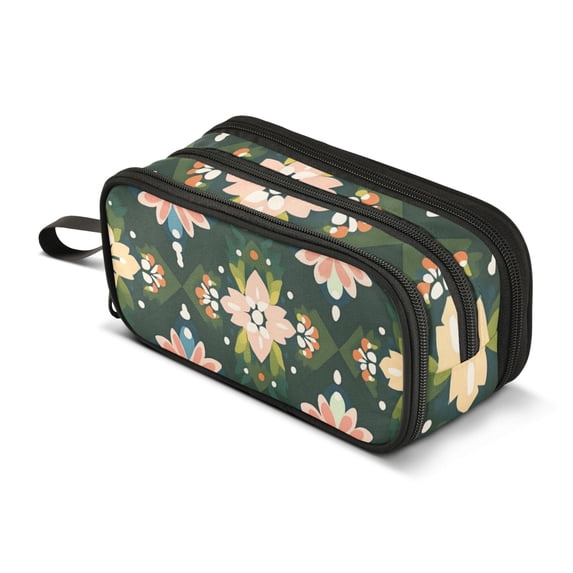 FORMRS Pencil Case with 3 Compartments Zipper Pouch, Elementary School Level and up, Pink Geometric Flowers