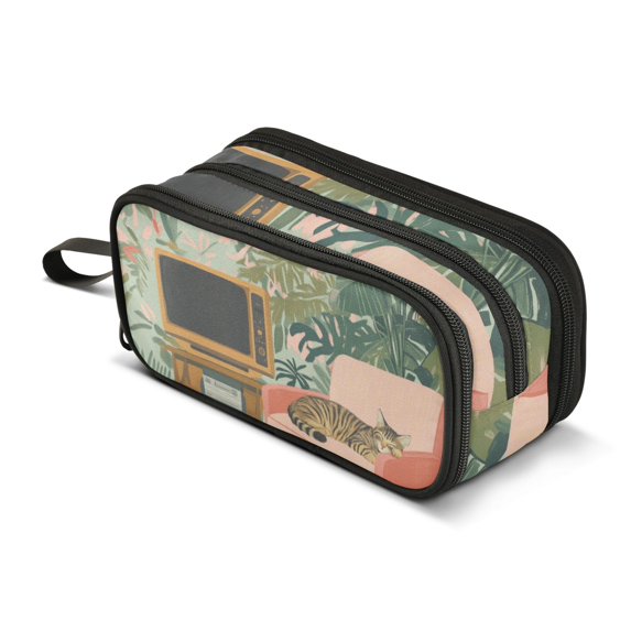 FORMRS Pencil Case with 3 Compartments Zipper Pouch, Elementary School Level and up, Pink and Green Cat
