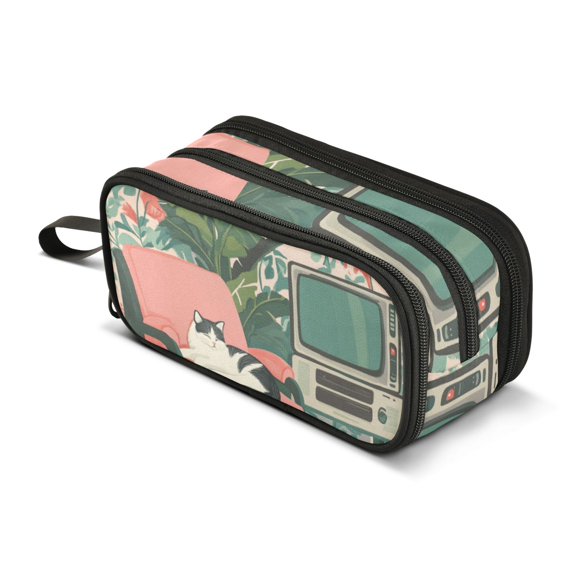 FORMRS Pencil Case with 3 Compartments Zipper Pouch, Elementary School Level and up, Pink and White Cat
