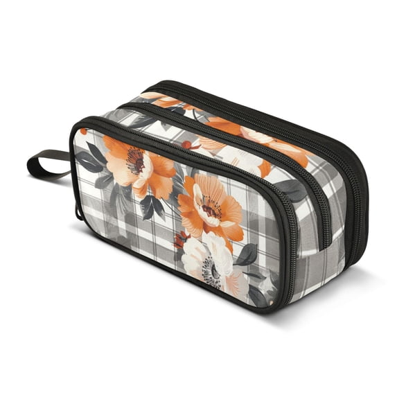FORMRS Pencil Case with 3 Compartments Zipper Pouch, Elementary School Level and up, Plaid Floral