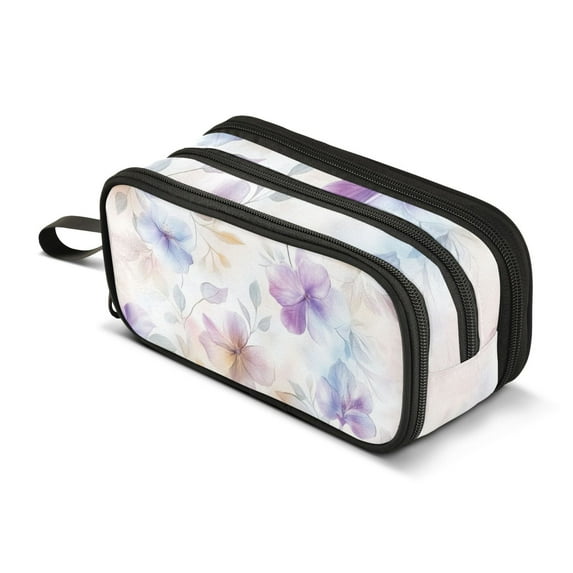 FORMRS Pencil Case with 3 Compartments Zipper Pouch, Elementary School Level and up, Purple Flower Pattern