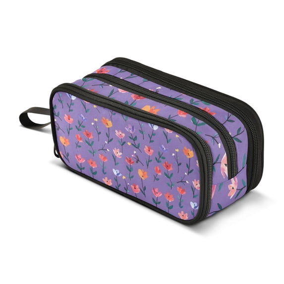 FORMRS Pencil Case with 3 Compartments Zipper Pouch, Elementary School Level and up, Purple Flowers Pattern