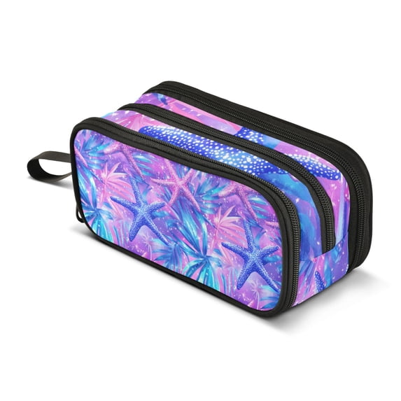 FORMRS Pencil Case with 3 Compartments Zipper Pouch, Elementary School Level and up, Purple Starfish Pattern