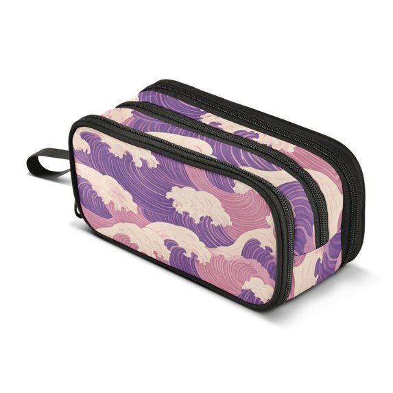 FORMRS Pencil Case with 3 Compartments Zipper Pouch, Elementary School Level and up, Purple Wave Pattern