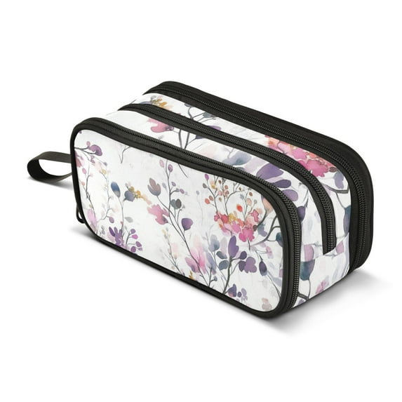 FORMRS Pencil Case with 3 Compartments Zipper Pouch, Elementary School Level and up, Purple Wildflowers