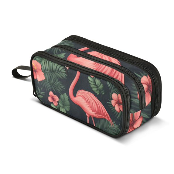 FORMRS Pencil Case with 3 Compartments Zipper Pouch, Elementary School Level and up, Red Flamingo Pattern