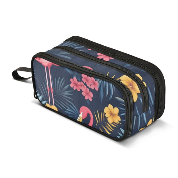 FORMRS Pencil Case with 3 Compartments Zipper Pouch, Elementary School Level and up, Red Floral Flamingo