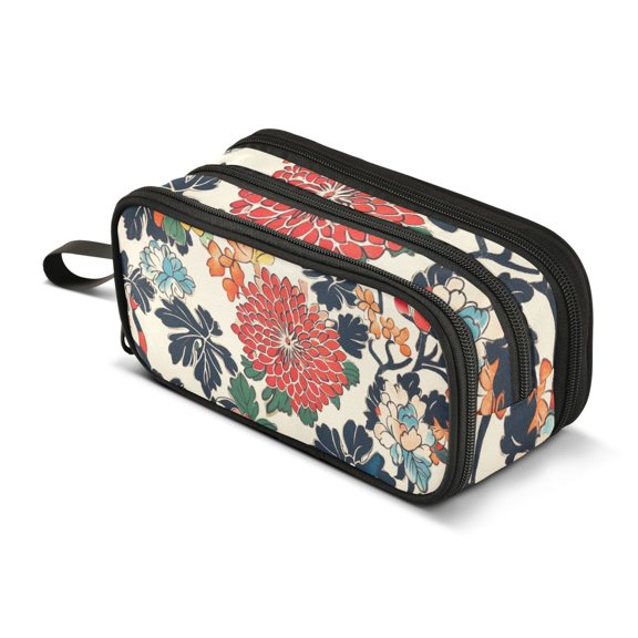 FORMRS Pencil Case with 3 Compartments Zipper Pouch, Elementary School Level and up, Red Flowers Pattern