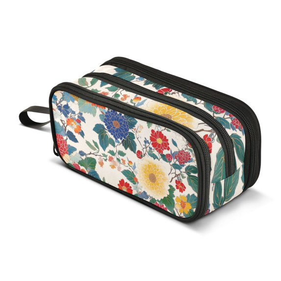FORMRS Pencil Case with 3 Compartments Zipper Pouch, Elementary School Level and up, Red Japanese Floral Pattern