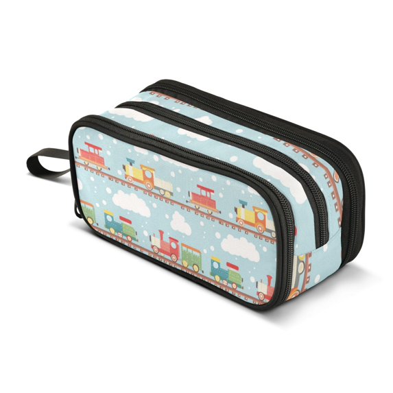 FORMRS Pencil Case with 3 Compartments Zipper Pouch, Elementary School Level and up, Red Trains Pattern
