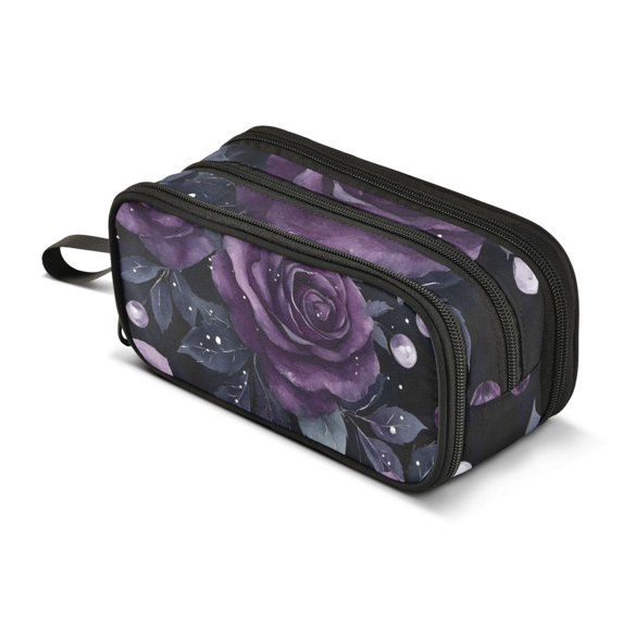 FORMRS Pencil Case with 3 Compartments Zipper Pouch, Elementary School Level and up, Roses and Pearls