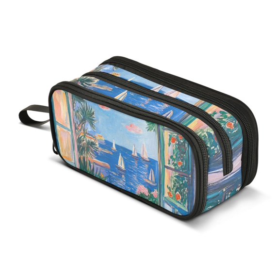 FORMRS Pencil Case with 3 Compartments Zipper Pouch, Elementary School Level and up, Sea Window