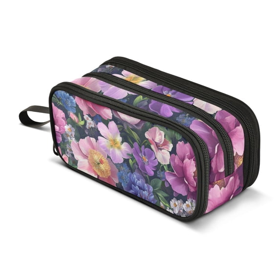 FORMRS Pencil Case with 3 Compartments Zipper Pouch, Elementary School Level and up, Soft Pinks Flowers