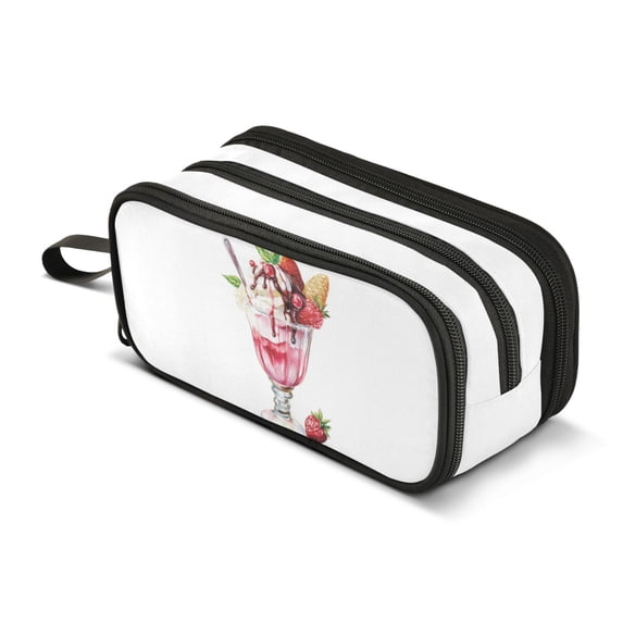 FORMRS Pencil Case with 3 Compartments Zipper Pouch, Elementary School Level and up, Strawberry Ice Cream Pattern