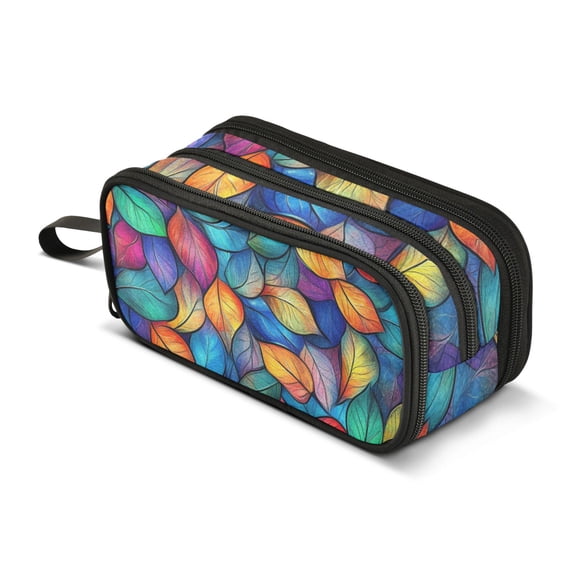 FORMRS Pencil Case with 3 Compartments Zipper Pouch, Elementary School Level and up, Vibrant Art Leaves Pattern