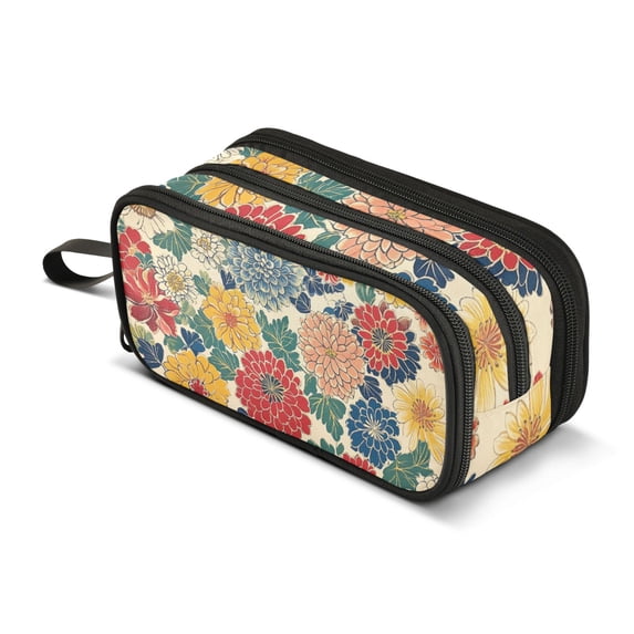 FORMRS Pencil Case with 3 Compartments Zipper Pouch, Elementary School Level and up, Vibrant Flowers Pattern