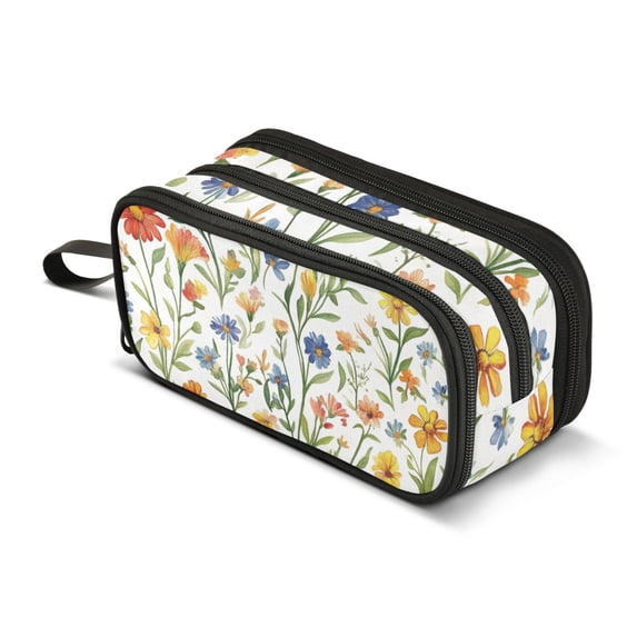FORMRS Pencil Case with 3 Compartments Zipper Pouch, Elementary School Level and up, Watercolor Wildflowers Pattern