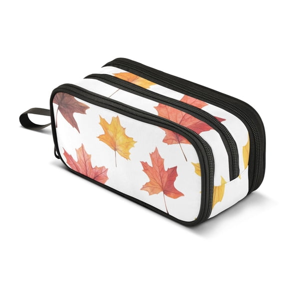 FORMRS Pencil Case with 3 Compartments Zipper Pouch, Elementary School Level and up, White Autumn Leaves