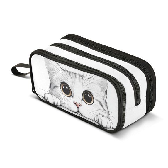 FORMRS Pencil Case with 3 Compartments Zipper Pouch, Elementary School Level and up, White Cat