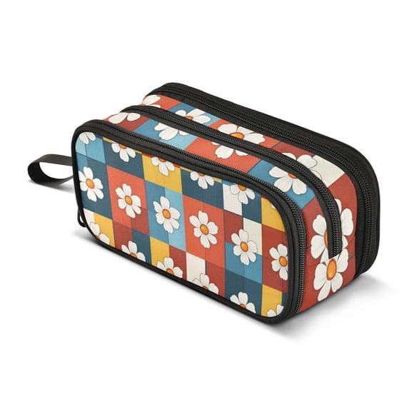 FORMRS Pencil Case with 3 Compartments Zipper Pouch, Elementary School Level and up, Yellow Checkered Daisy