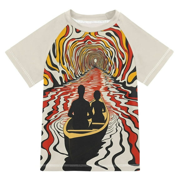FORMRS Boys Rash Guard Short Sleeves Swim Shirt Quick Dry UPF 50+ Sun Protection, Sizes 3-12T, Abstract Boat Ride