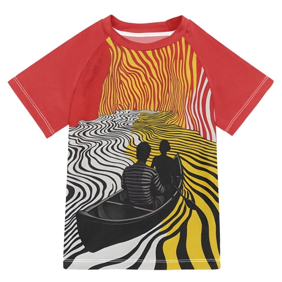 FORMRS Boys Rash Guard Short Sleeves Swim Shirt Quick Dry UPF 50+ Sun Protection, Sizes 3-12T, Abstract Boat