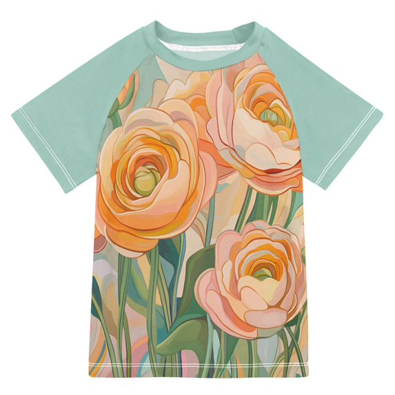 FORMRS Boys Rash Guard Short Sleeves Swim Shirt Quick Dry UPF 50+ Sun Protection, Sizes 3-12T, Abstract Floral Art