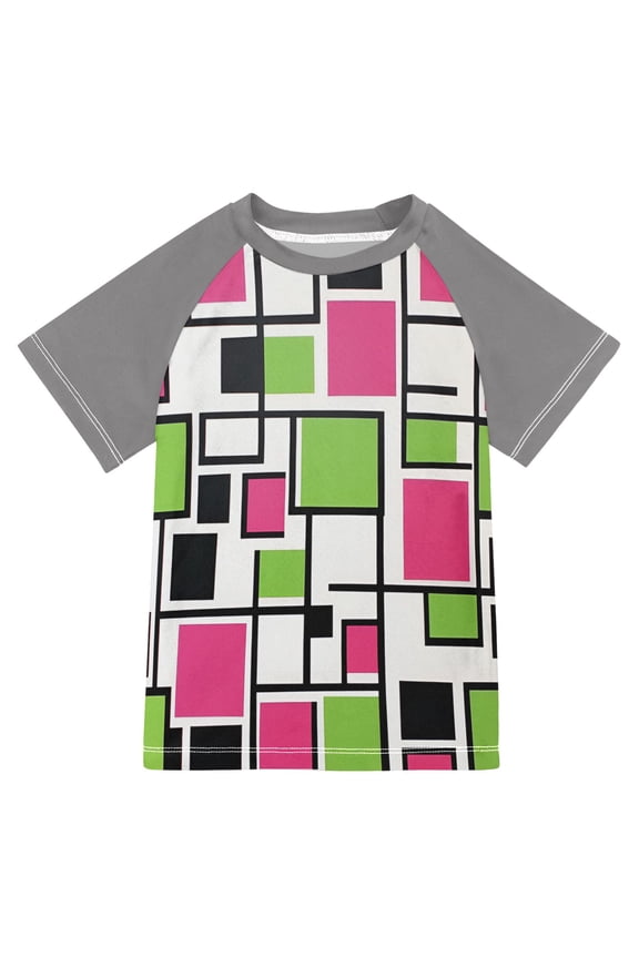 Boys Rash Guard with Short Sleeves UPF 50+ Swim Shirts Sizes 3-12T, Abstract Geometric