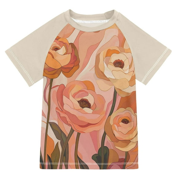 FORMRS Boys Rash Guard with Short Sleeves UPF 50  Swim Shirts Sizes 3-12T, Abstract Orange Flowers
