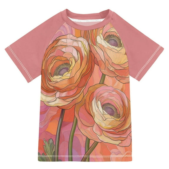 FORMRS Boys Rash Guard Short Sleeves Swim Shirt Quick Dry UPF 50+ Sun Protection, Sizes 3-12T, Abstract Pink Flowers